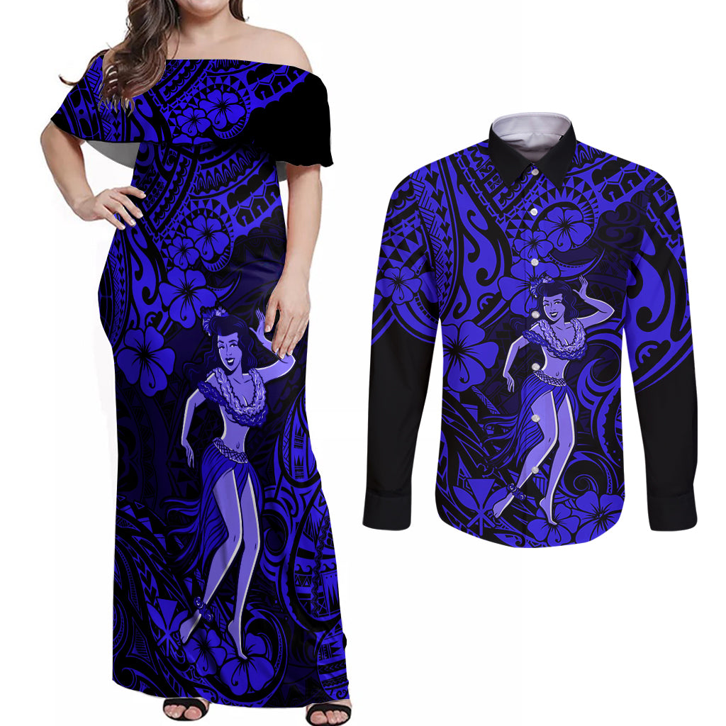 Hawaii Hula Girl Couples Matching Off Shoulder Maxi Dress and Long Sleeve Button Shirts Polynesian Pattern Navy Blue Version - Wonder Print Shop