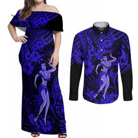 Hawaii Hula Girl Couples Matching Off Shoulder Maxi Dress and Long Sleeve Button Shirts Polynesian Pattern Navy Blue Version - Wonder Print Shop