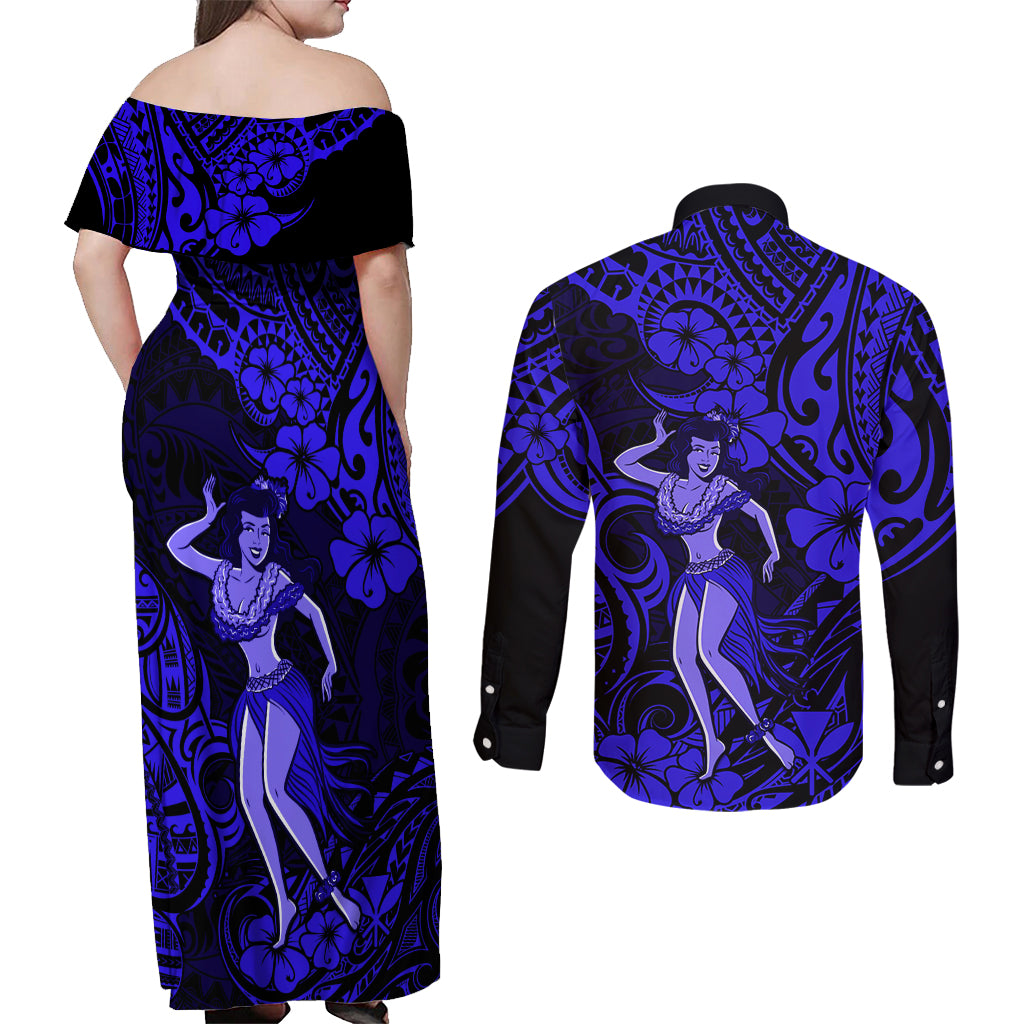 Hawaii Hula Girl Couples Matching Off Shoulder Maxi Dress and Long Sleeve Button Shirts Polynesian Pattern Navy Blue Version - Wonder Print Shop