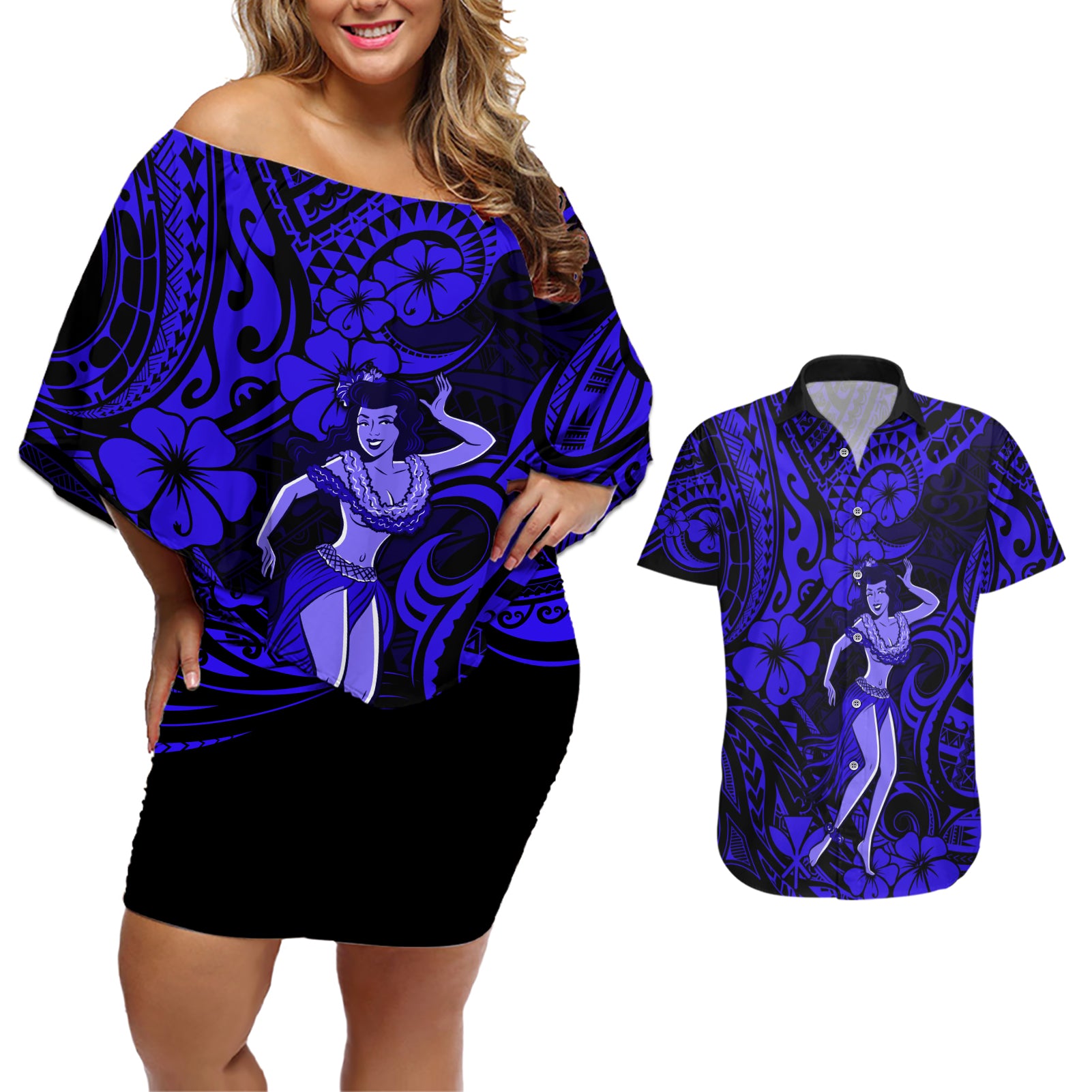 Hawaii Hula Girl Couples Matching Off Shoulder Short Dress and Hawaiian Shirt Polynesian Pattern Navy Blue Version - Wonder Print Shop