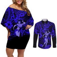 Hawaii Hula Girl Couples Matching Off Shoulder Short Dress and Long Sleeve Button Shirts Polynesian Pattern Navy Blue Version - Wonder Print Shop