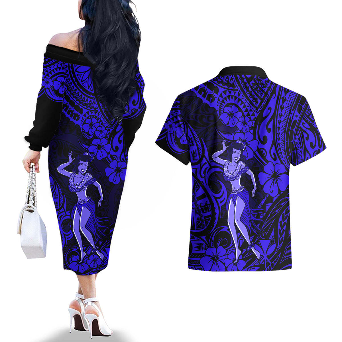 Hawaii Hula Girl Couples Matching Off The Shoulder Long Sleeve Dress and Hawaiian Shirt Polynesian Pattern Navy Blue Version - Wonder Print Shop