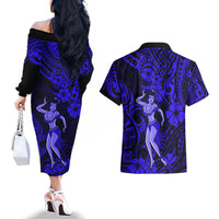 Hawaii Hula Girl Couples Matching Off The Shoulder Long Sleeve Dress and Hawaiian Shirt Polynesian Pattern Navy Blue Version - Wonder Print Shop