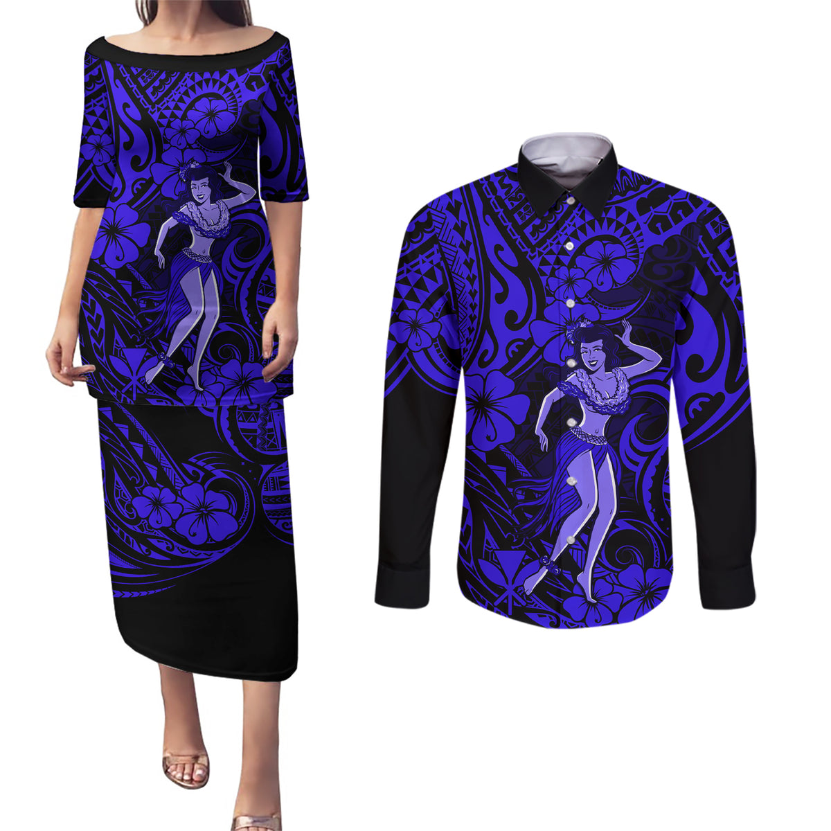 Hawaii Hula Girl Couples Matching Puletasi Dress and Long Sleeve Button Shirts Polynesian Pattern Navy Blue Version - Wonder Print Shop