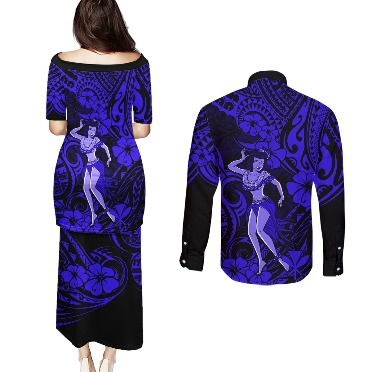 Hawaii Hula Girl Couples Matching Puletasi Dress and Long Sleeve Button Shirts Polynesian Pattern Navy Blue Version - Wonder Print Shop