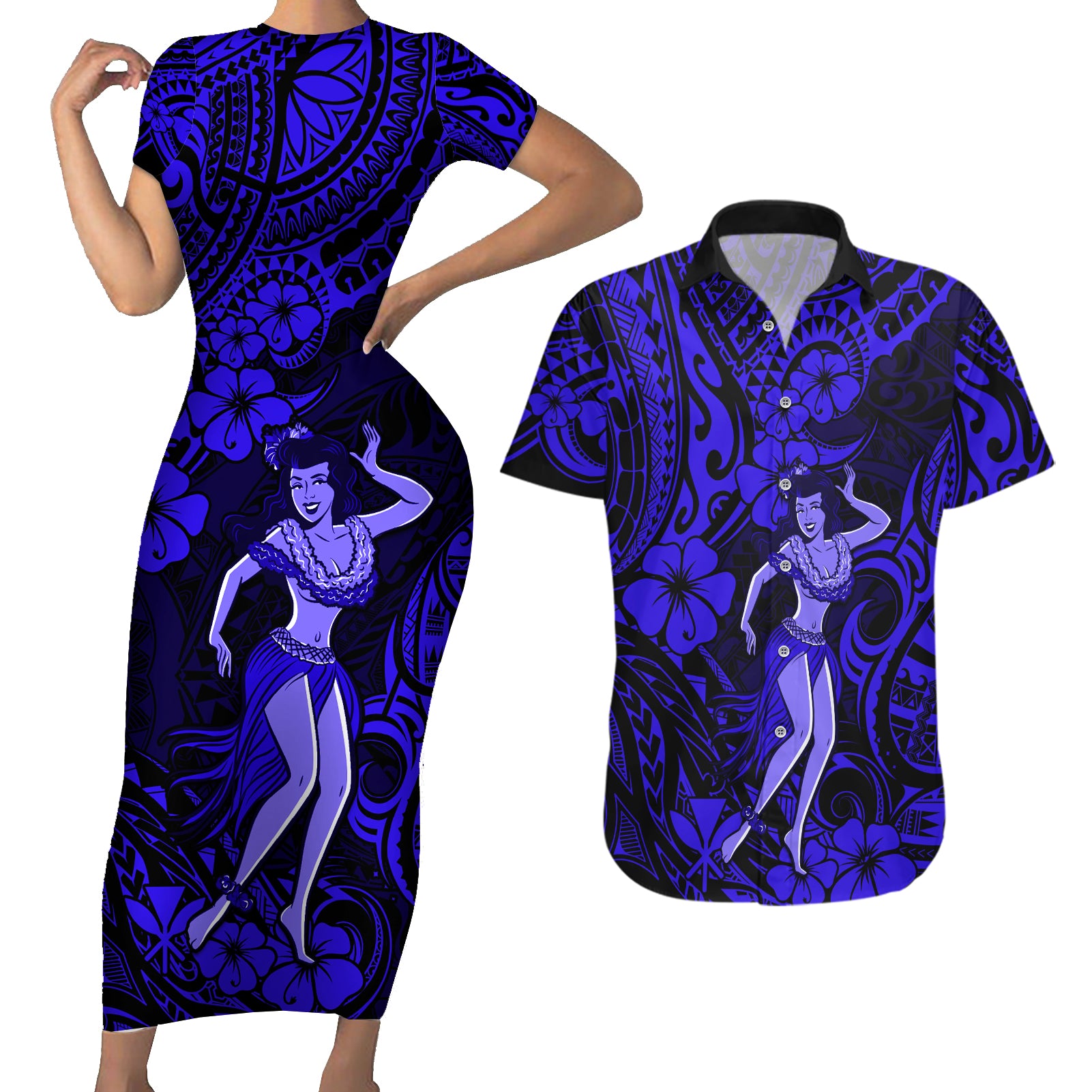 Hawaii Hula Girl Couples Matching Short Sleeve Bodycon Dress and Hawaiian Shirt Polynesian Pattern Navy Blue Version - Wonder Print Shop