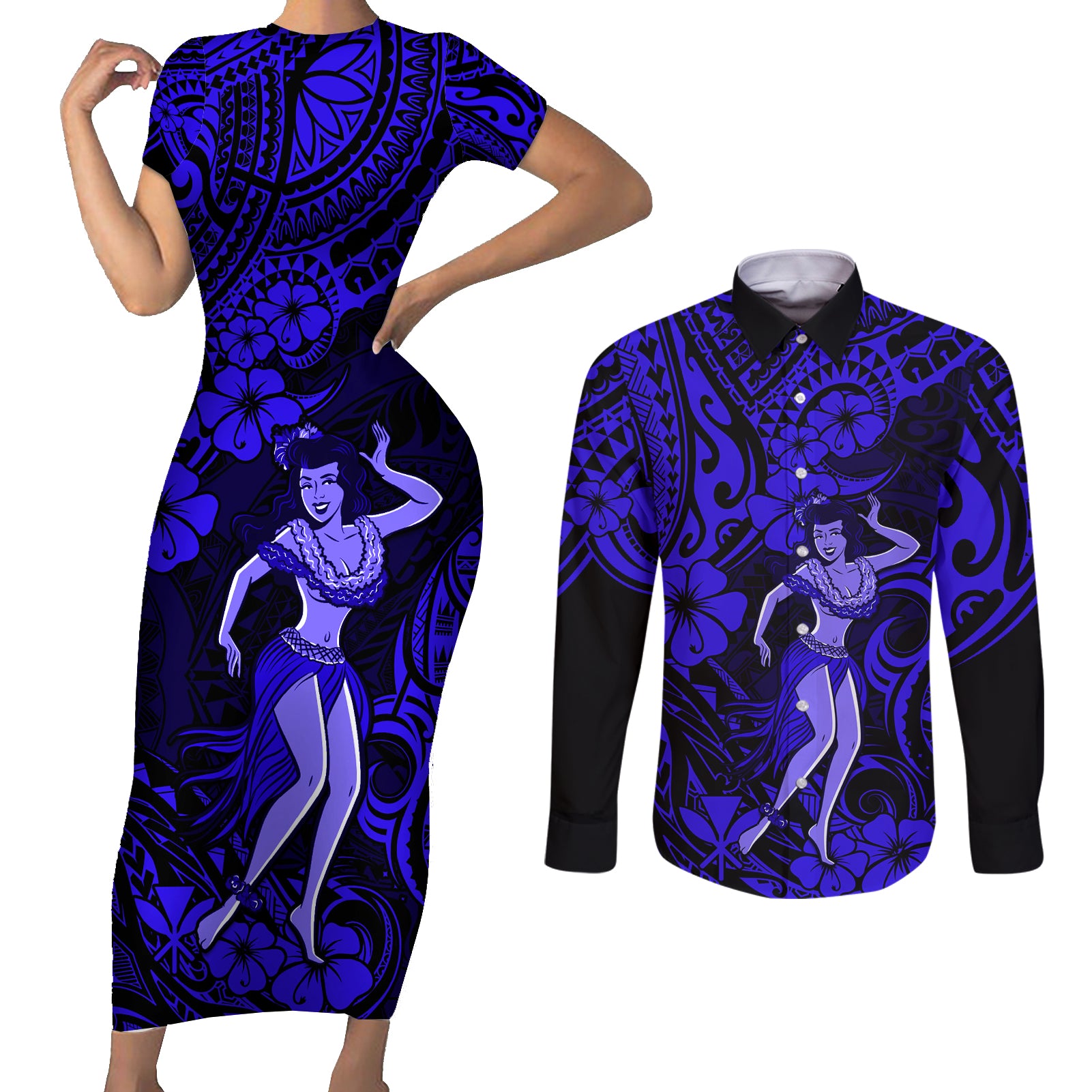Hawaii Hula Girl Couples Matching Short Sleeve Bodycon Dress and Long Sleeve Button Shirts Polynesian Pattern Navy Blue Version - Wonder Print Shop