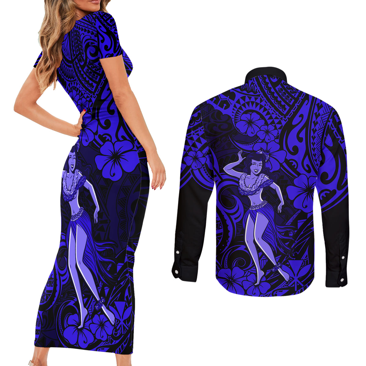 Hawaii Hula Girl Couples Matching Short Sleeve Bodycon Dress and Long Sleeve Button Shirts Polynesian Pattern Navy Blue Version - Wonder Print Shop