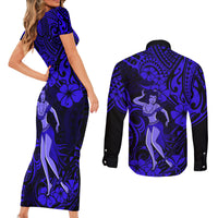 Hawaii Hula Girl Couples Matching Short Sleeve Bodycon Dress and Long Sleeve Button Shirts Polynesian Pattern Navy Blue Version - Wonder Print Shop