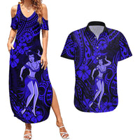 Hawaii Hula Girl Couples Matching Summer Maxi Dress and Hawaiian Shirt Polynesian Pattern Navy Blue Version - Wonder Print Shop