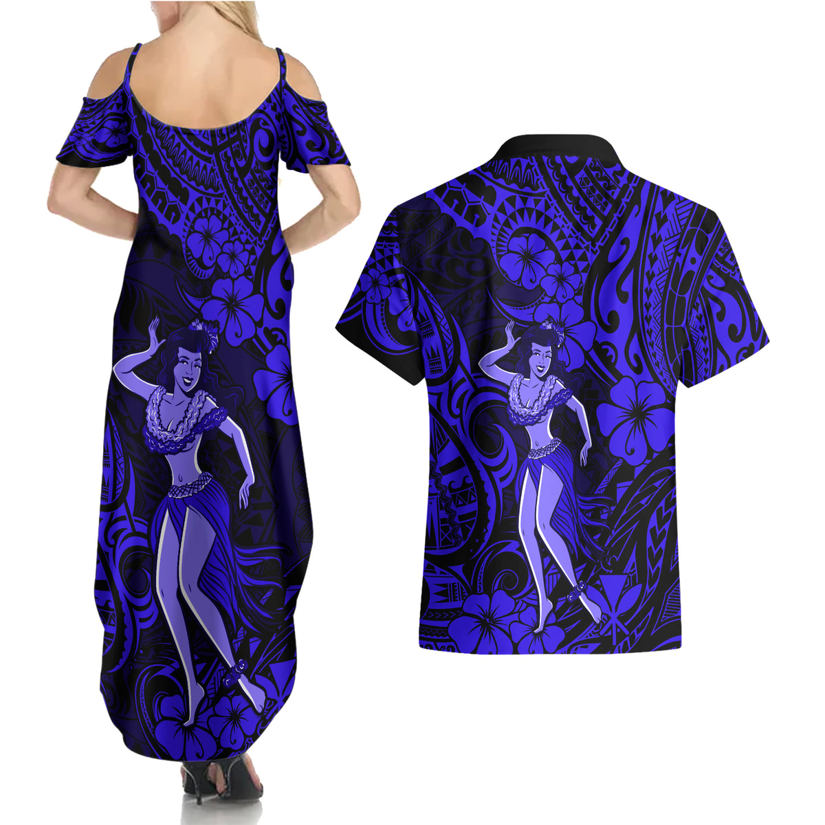 Hawaii Hula Girl Couples Matching Summer Maxi Dress and Hawaiian Shirt Polynesian Pattern Navy Blue Version - Wonder Print Shop