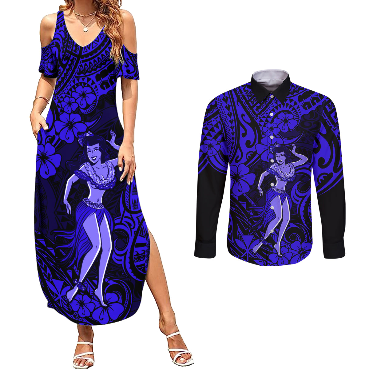 Hawaii Hula Girl Couples Matching Summer Maxi Dress and Long Sleeve Button Shirts Polynesian Pattern Navy Blue Version - Wonder Print Shop
