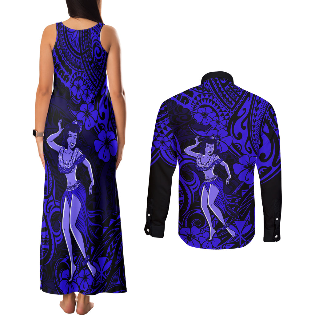 Hawaii Hula Girl Couples Matching Tank Maxi Dress and Long Sleeve Button Shirts Polynesian Pattern Navy Blue Version - Wonder Print Shop