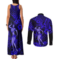 Hawaii Hula Girl Couples Matching Tank Maxi Dress and Long Sleeve Button Shirts Polynesian Pattern Navy Blue Version - Wonder Print Shop
