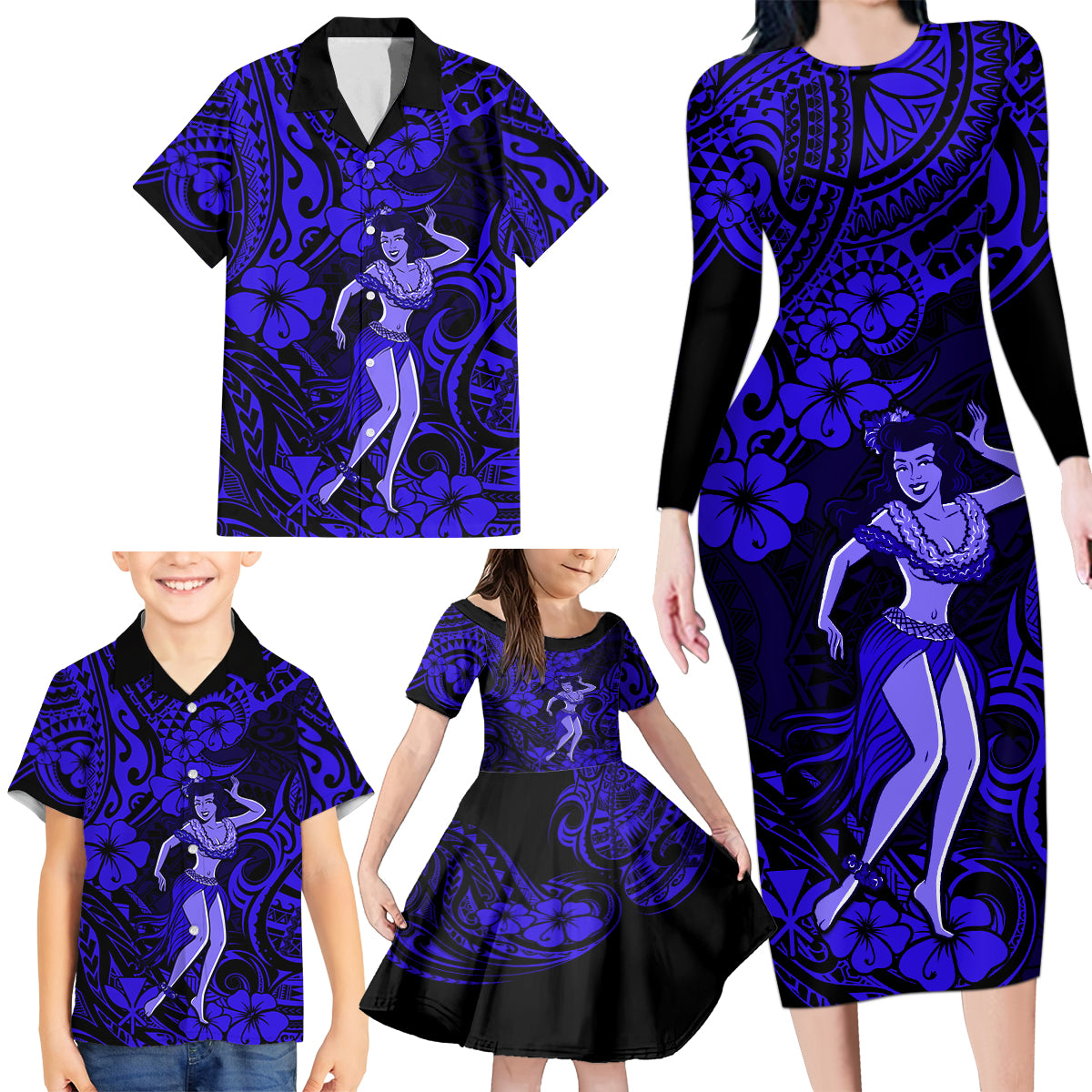 Hawaii Hula Girl Family Matching Long Sleeve Bodycon Dress and Hawaiian Shirt Polynesian Pattern Navy Blue Version - Wonder Print Shop