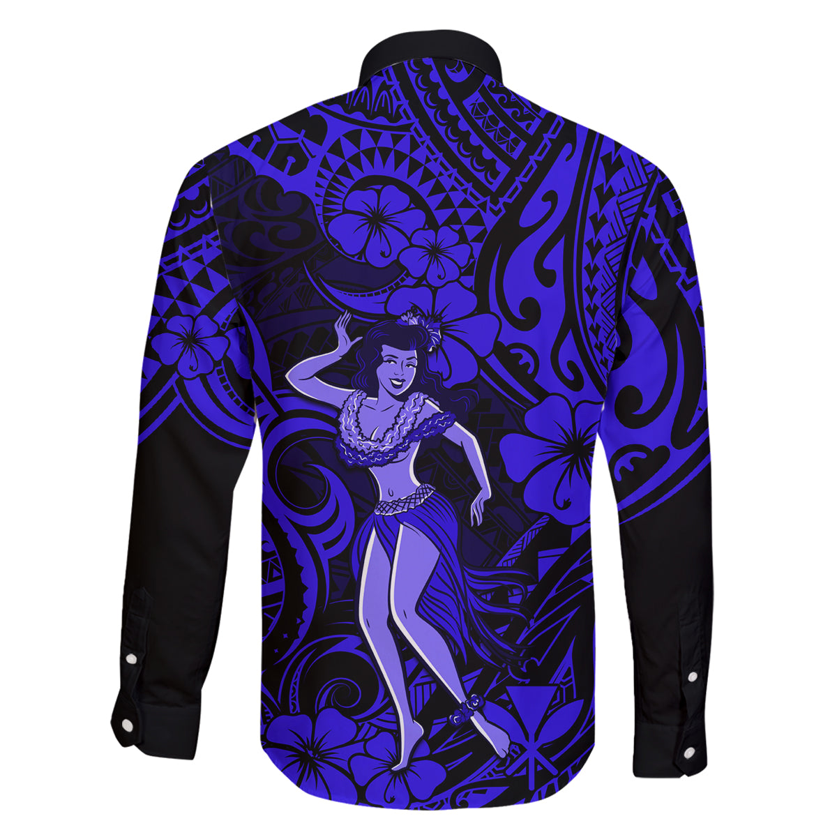 Hawaii Hula Girl Family Matching Long Sleeve Bodycon Dress and Hawaiian Shirt Polynesian Pattern Navy Blue Version - Wonder Print Shop