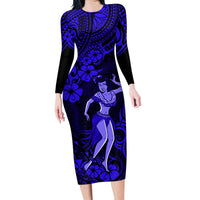 Hawaii Hula Girl Family Matching Long Sleeve Bodycon Dress and Hawaiian Shirt Polynesian Pattern Navy Blue Version - Wonder Print Shop