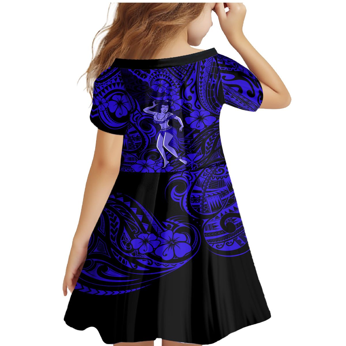 Hawaii Hula Girl Family Matching Mermaid Dress and Hawaiian Shirt Polynesian Pattern Navy Blue Version - Wonder Print Shop