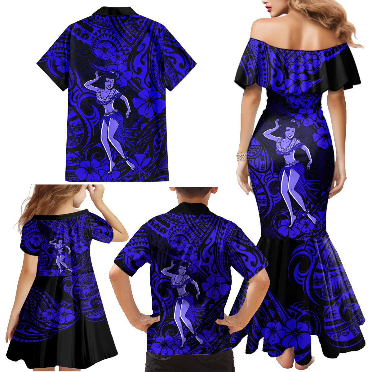 Hawaii Hula Girl Family Matching Mermaid Dress and Hawaiian Shirt Polynesian Pattern Navy Blue Version - Wonder Print Shop