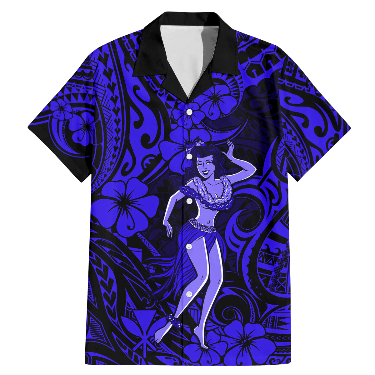 Hawaii Hula Girl Family Matching Mermaid Dress and Hawaiian Shirt Polynesian Pattern Navy Blue Version - Wonder Print Shop