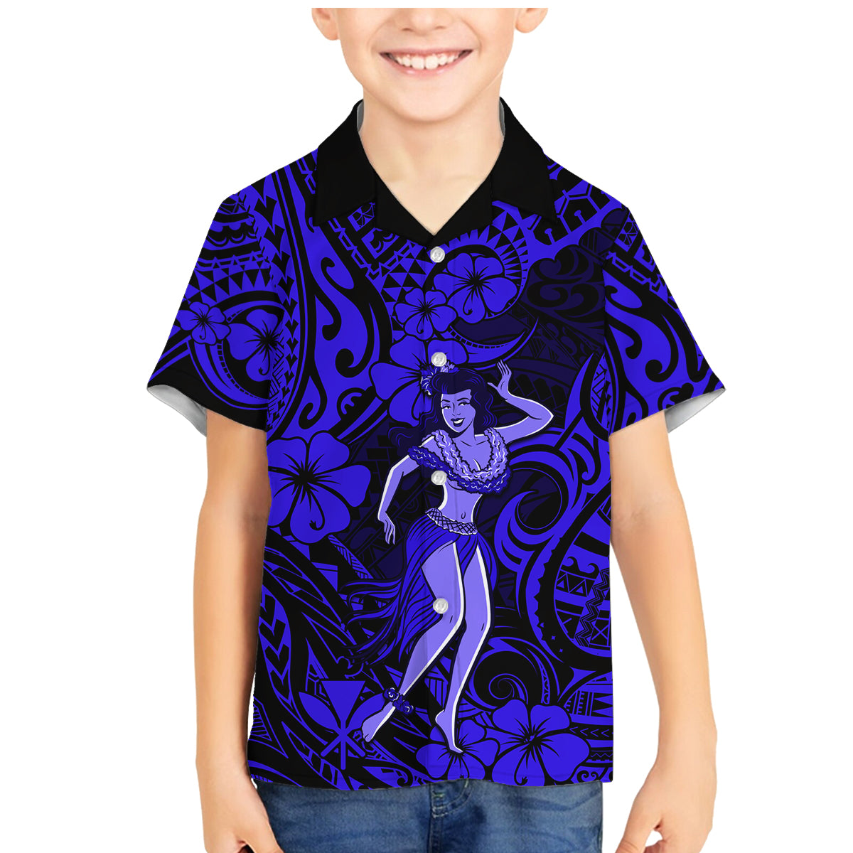 Hawaii Hula Girl Family Matching Mermaid Dress and Hawaiian Shirt Polynesian Pattern Navy Blue Version - Wonder Print Shop