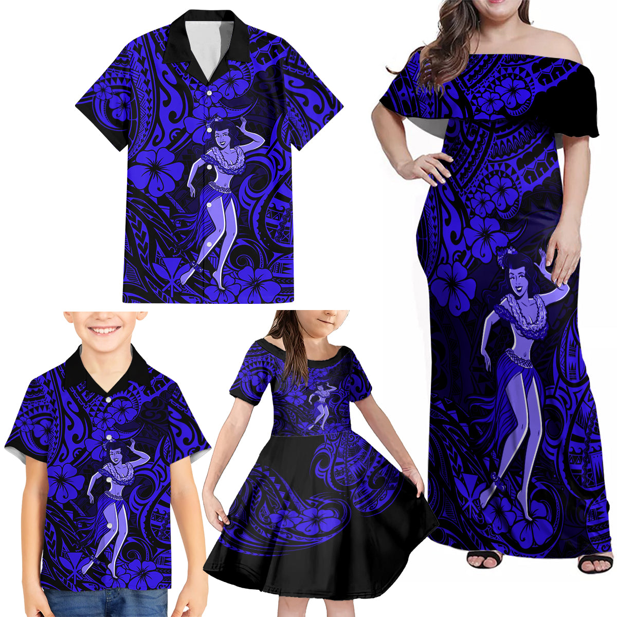 Hawaii Hula Girl Family Matching Off Shoulder Maxi Dress and Hawaiian Shirt Polynesian Pattern Navy Blue Version - Wonder Print Shop