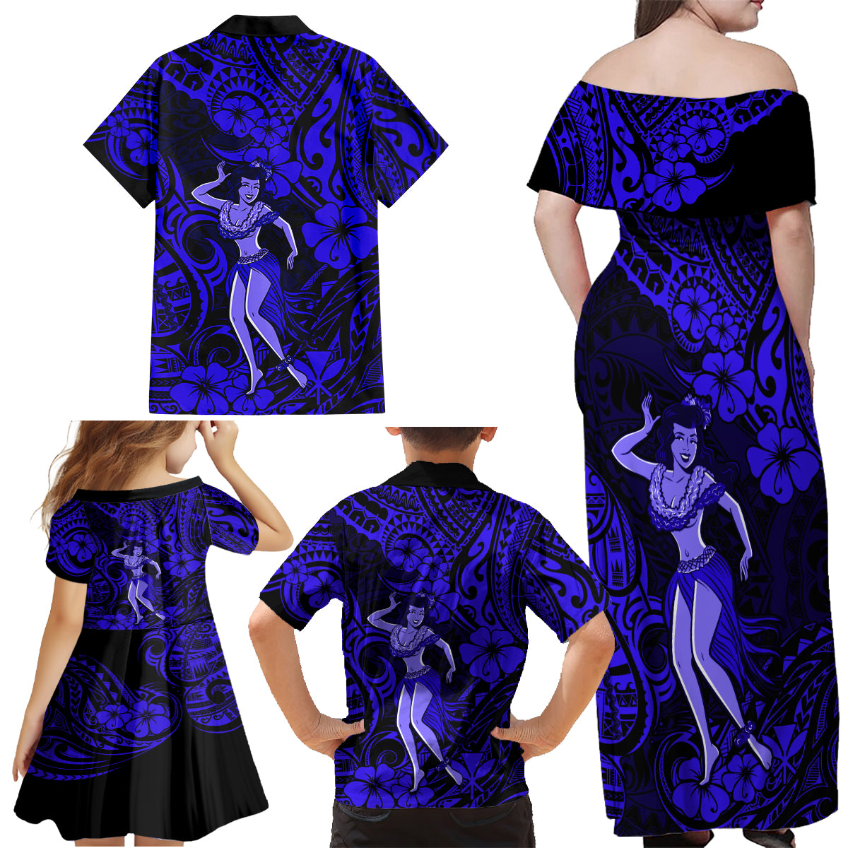Hawaii Hula Girl Family Matching Off Shoulder Maxi Dress and Hawaiian Shirt Polynesian Pattern Navy Blue Version - Wonder Print Shop
