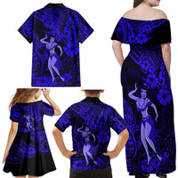 Hawaii Hula Girl Family Matching Off Shoulder Maxi Dress and Hawaiian Shirt Polynesian Pattern Navy Blue Version - Wonder Print Shop