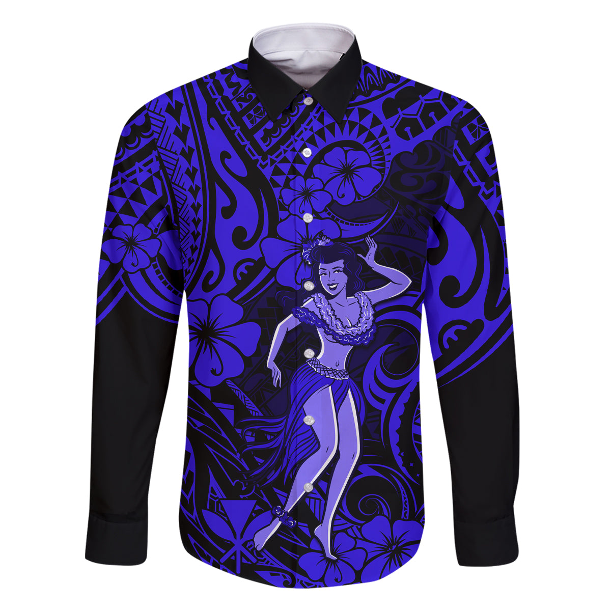 Hawaii Hula Girl Family Matching Off Shoulder Maxi Dress and Hawaiian Shirt Polynesian Pattern Navy Blue Version - Wonder Print Shop