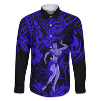 Hawaii Hula Girl Family Matching Off Shoulder Maxi Dress and Hawaiian Shirt Polynesian Pattern Navy Blue Version - Wonder Print Shop