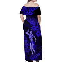 Hawaii Hula Girl Family Matching Off Shoulder Maxi Dress and Hawaiian Shirt Polynesian Pattern Navy Blue Version - Wonder Print Shop