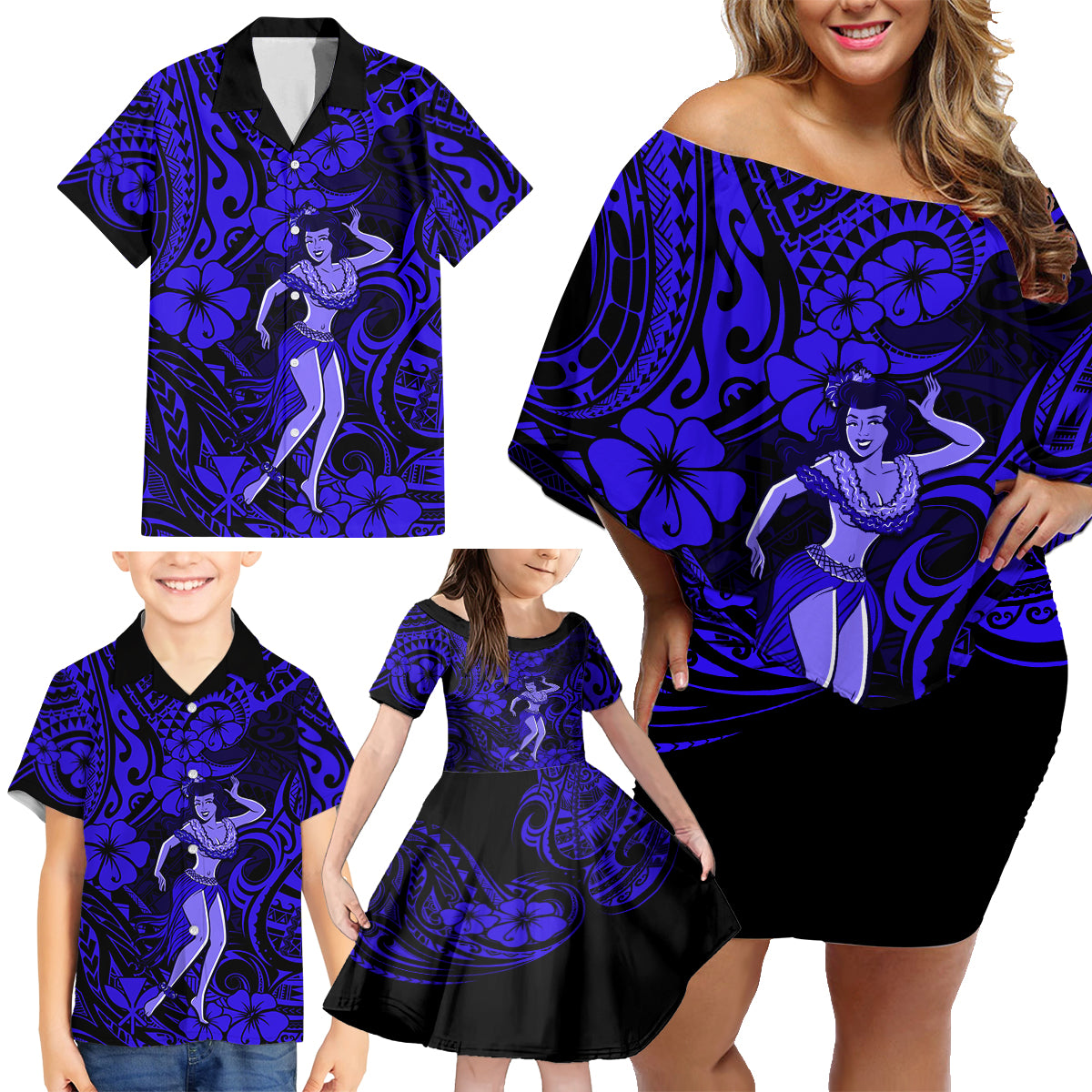 Hawaii Hula Girl Family Matching Off Shoulder Short Dress and Hawaiian Shirt Polynesian Pattern Navy Blue Version - Wonder Print Shop