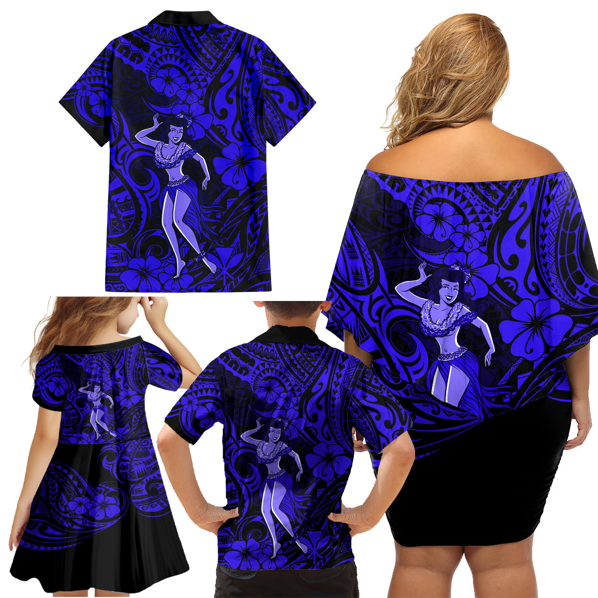 Hawaii Hula Girl Family Matching Off Shoulder Short Dress and Hawaiian Shirt Polynesian Pattern Navy Blue Version - Wonder Print Shop