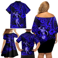 Hawaii Hula Girl Family Matching Off Shoulder Short Dress and Hawaiian Shirt Polynesian Pattern Navy Blue Version - Wonder Print Shop