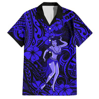 Hawaii Hula Girl Family Matching Off Shoulder Short Dress and Hawaiian Shirt Polynesian Pattern Navy Blue Version - Wonder Print Shop