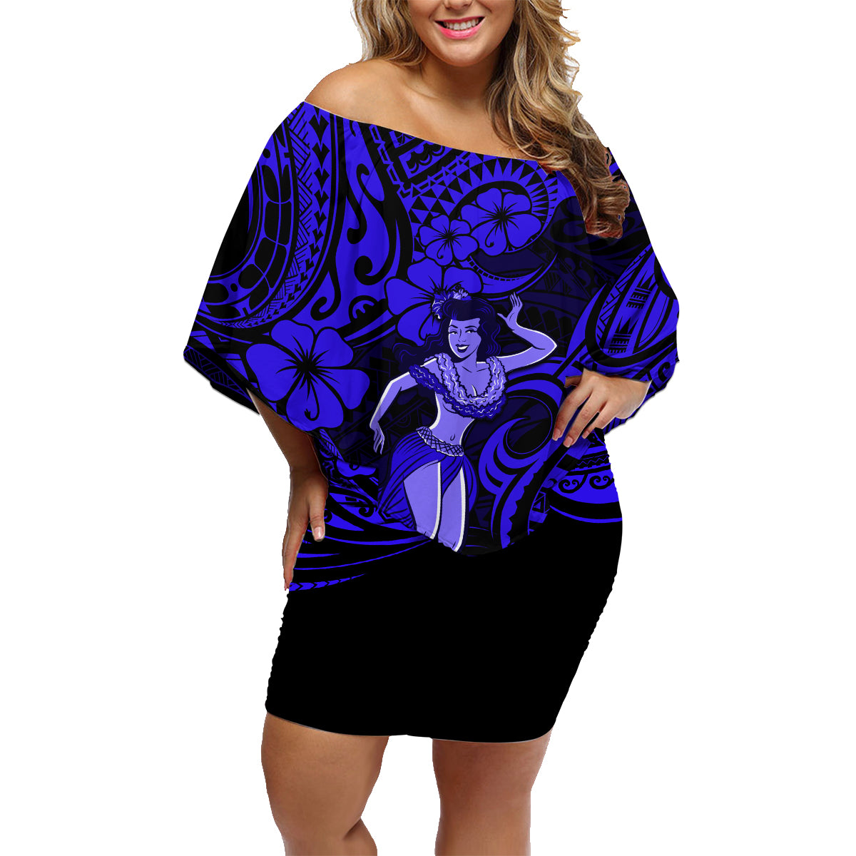 Hawaii Hula Girl Family Matching Off Shoulder Short Dress and Hawaiian Shirt Polynesian Pattern Navy Blue Version - Wonder Print Shop