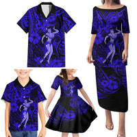 Hawaii Hula Girl Family Matching Puletasi Dress and Hawaiian Shirt Polynesian Pattern Navy Blue Version - Wonder Print Shop