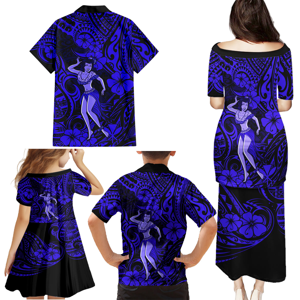 Hawaii Hula Girl Family Matching Puletasi Dress and Hawaiian Shirt Polynesian Pattern Navy Blue Version - Wonder Print Shop