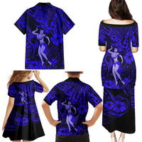 Hawaii Hula Girl Family Matching Puletasi Dress and Hawaiian Shirt Polynesian Pattern Navy Blue Version - Wonder Print Shop