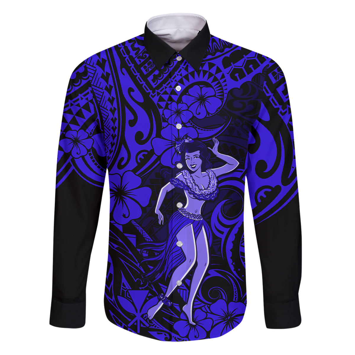 Hawaii Hula Girl Family Matching Puletasi Dress and Hawaiian Shirt Polynesian Pattern Navy Blue Version - Wonder Print Shop