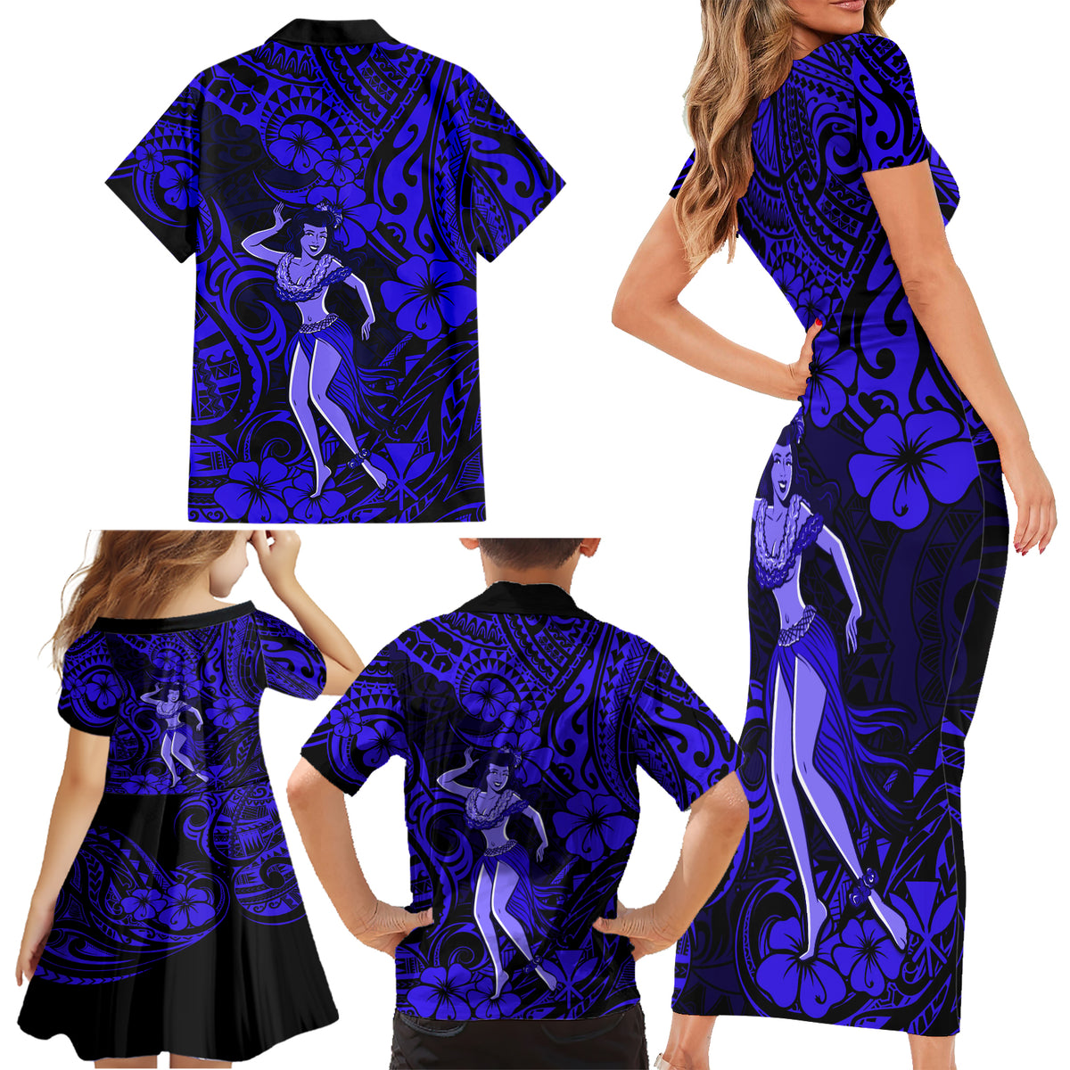 Hawaii Hula Girl Family Matching Short Sleeve Bodycon Dress and Hawaiian Shirt Polynesian Pattern Navy Blue Version - Wonder Print Shop