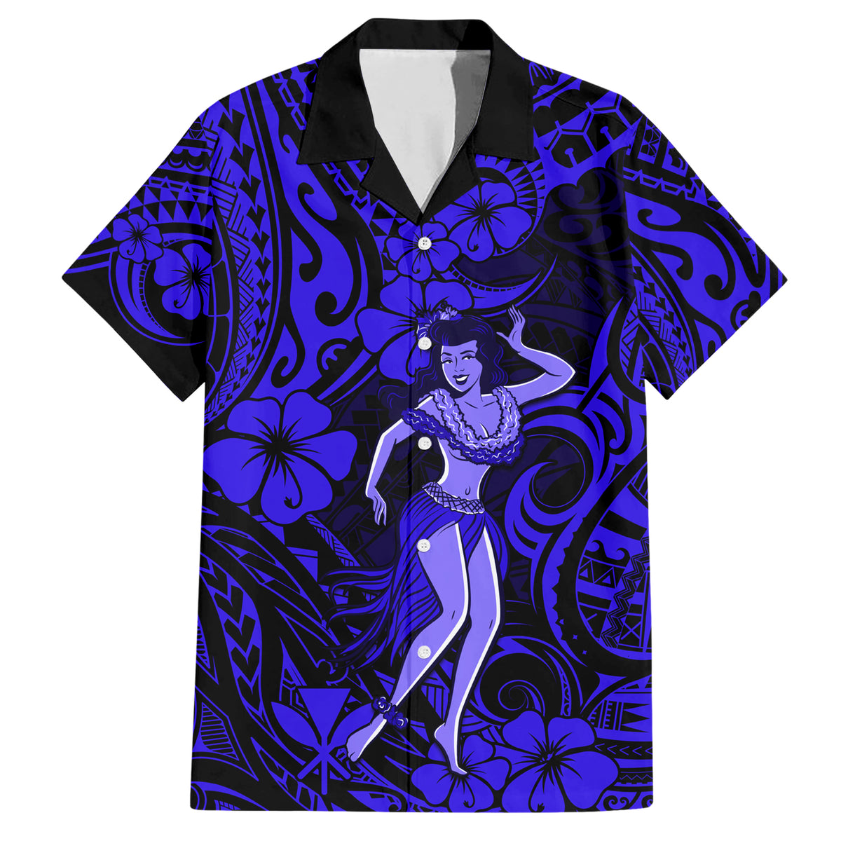 Hawaii Hula Girl Family Matching Short Sleeve Bodycon Dress and Hawaiian Shirt Polynesian Pattern Navy Blue Version - Wonder Print Shop