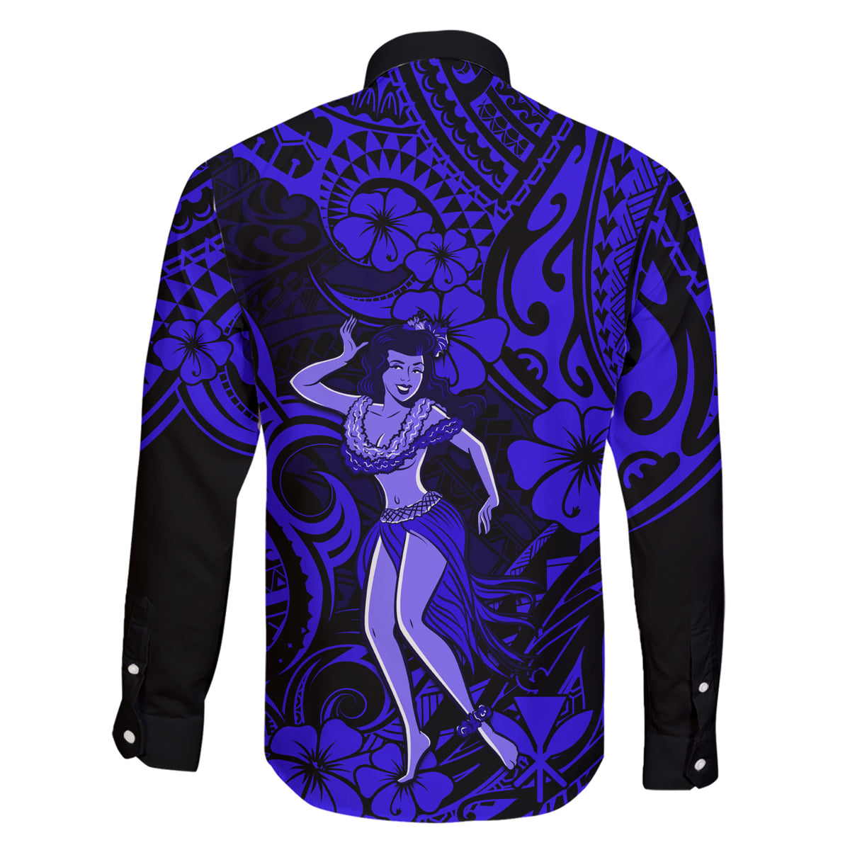 Hawaii Hula Girl Family Matching Short Sleeve Bodycon Dress and Hawaiian Shirt Polynesian Pattern Navy Blue Version - Wonder Print Shop