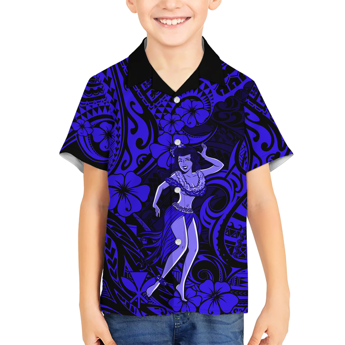 Hawaii Hula Girl Family Matching Short Sleeve Bodycon Dress and Hawaiian Shirt Polynesian Pattern Navy Blue Version - Wonder Print Shop