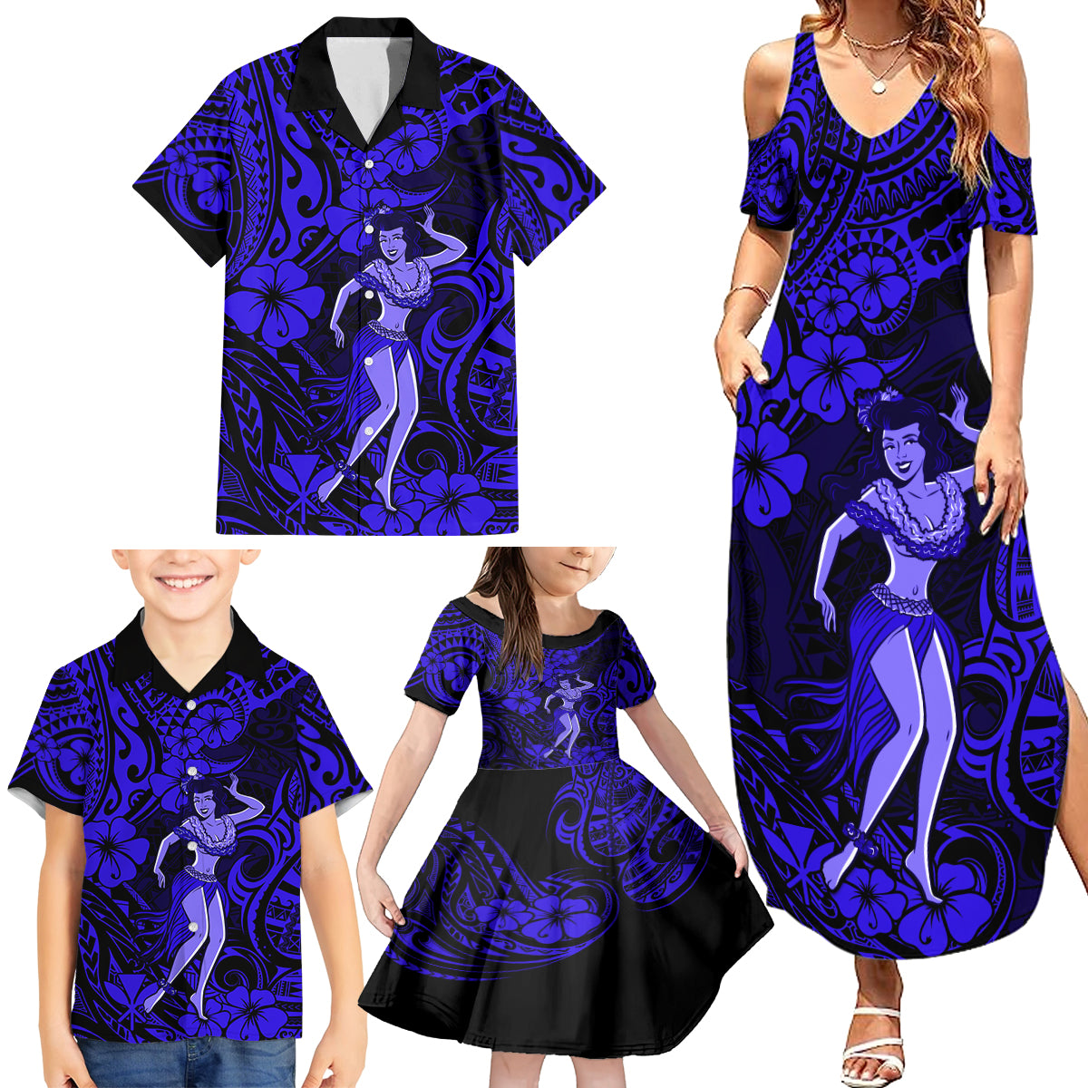 Hawaii Hula Girl Family Matching Summer Maxi Dress and Hawaiian Shirt Polynesian Pattern Navy Blue Version - Wonder Print Shop