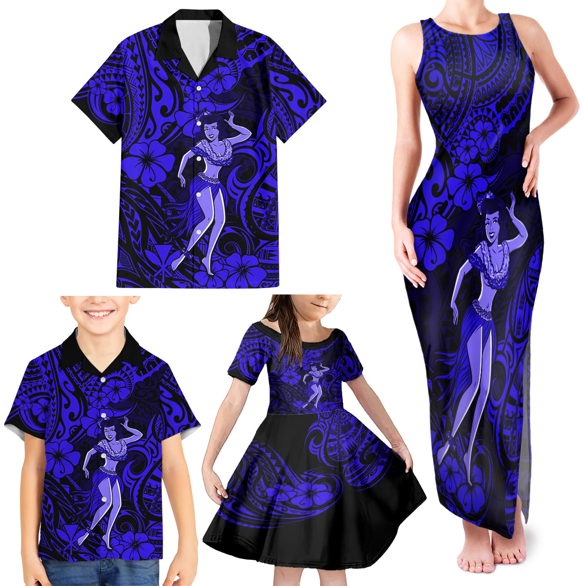 Hawaii Hula Girl Family Matching Tank Maxi Dress and Hawaiian Shirt Polynesian Pattern Navy Blue Version - Wonder Print Shop