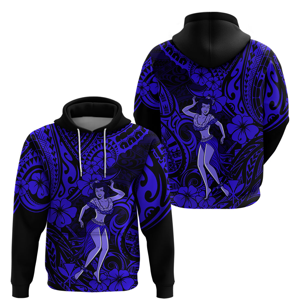 Hawaii Hula Girl Hoodie Polynesian Pattern Navy Blue Version - Wonder Print Shop