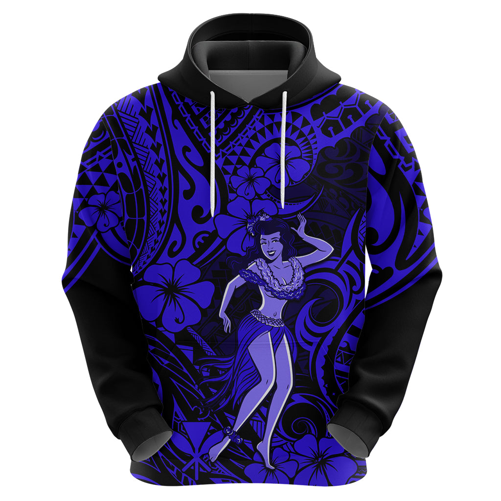 Hawaii Hula Girl Hoodie Polynesian Pattern Navy Blue Version - Wonder Print Shop