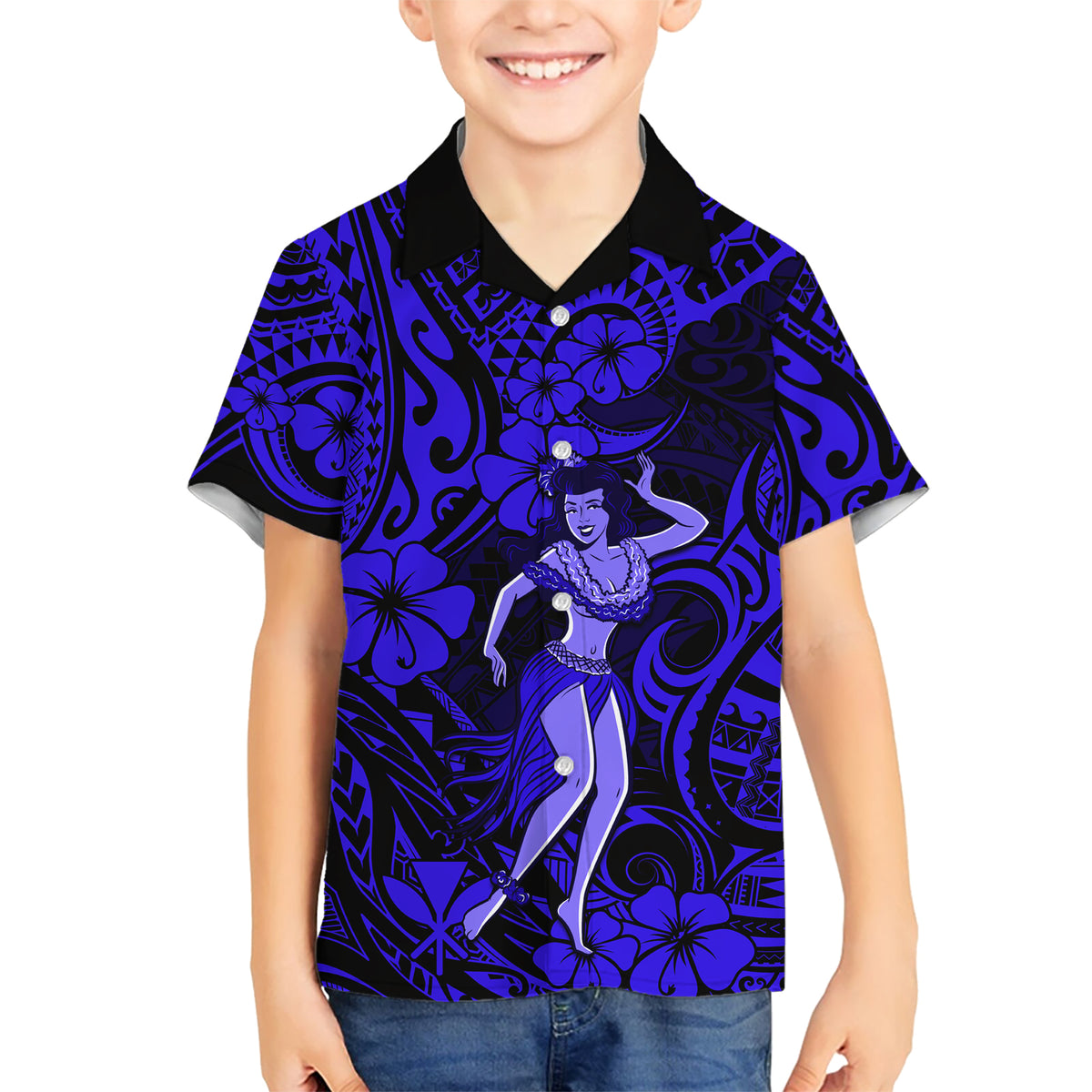 Hawaii Hula Girl Kid Hawaiian Shirt Polynesian Pattern Navy Blue Version - Wonder Print Shop