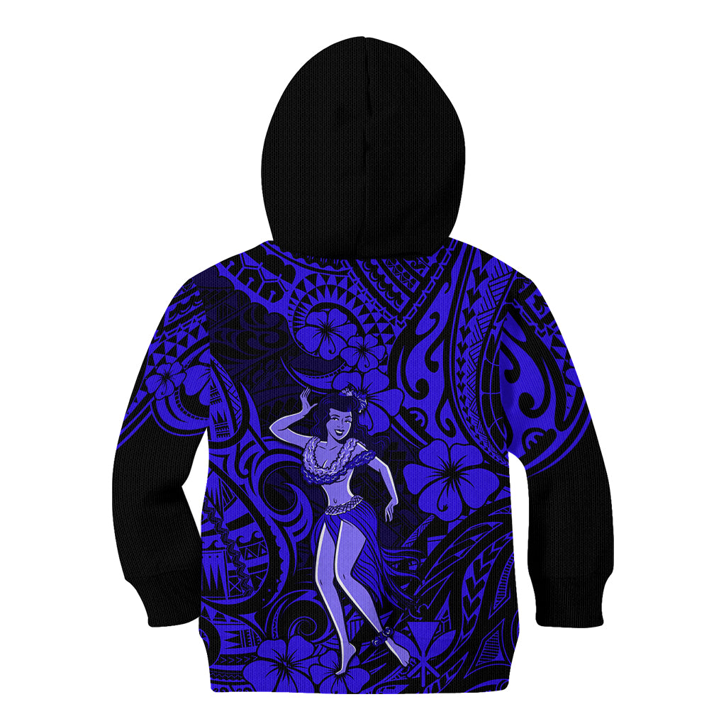 Hawaii Hula Girl Kid Hoodie Polynesian Pattern Navy Blue Version - Wonder Print Shop
